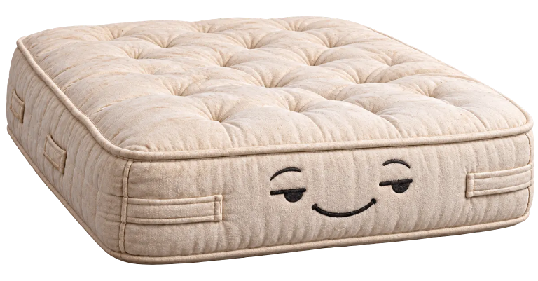 Crash Pad the mattress, smiling with eyes half closed