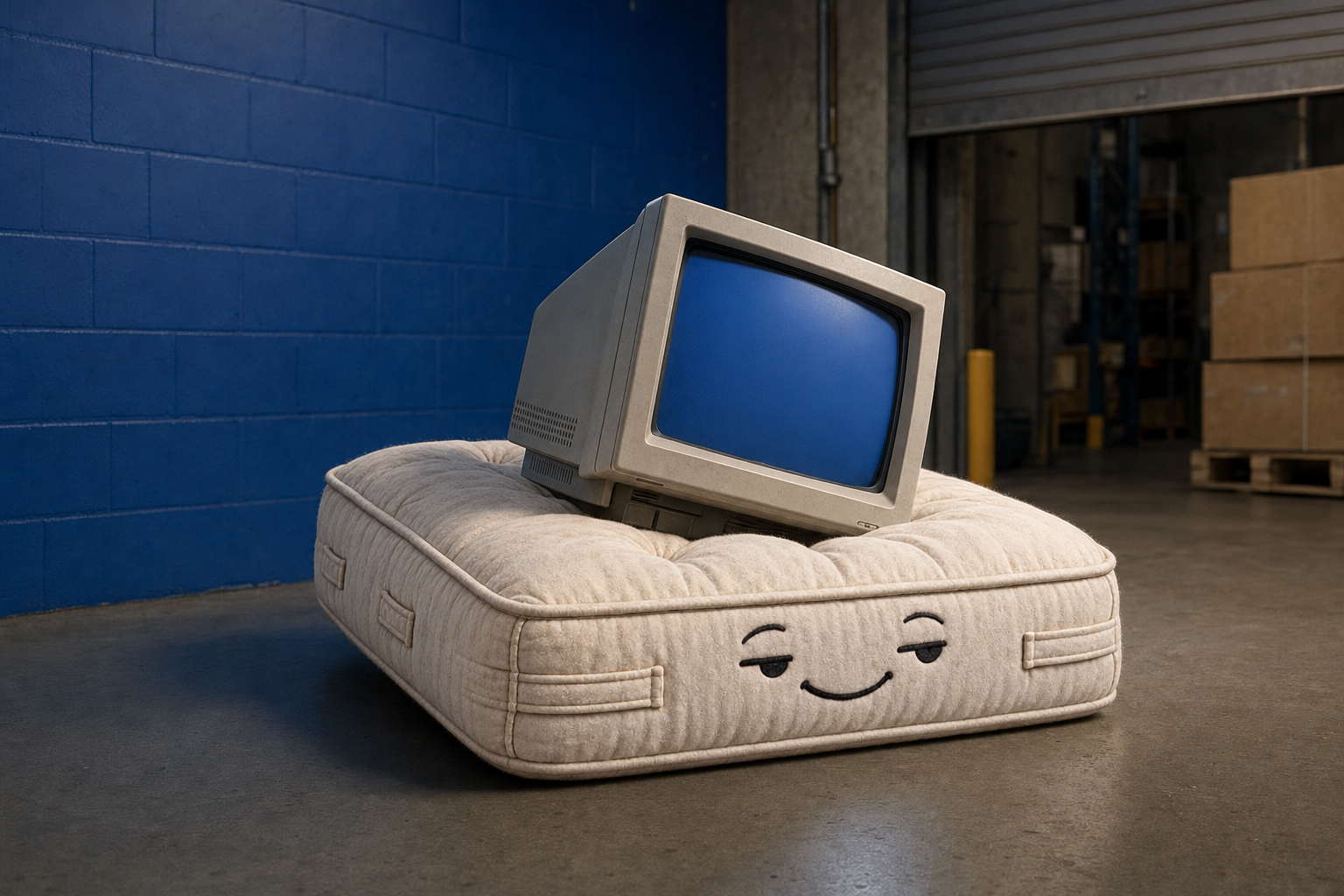 Crash Pad, a tufted mattress with a sleepy smile, catching an old computer monitor in a blue-walled warehouse